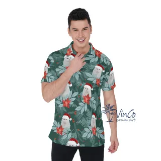 Personalize Photo Cat Face Christmas Hawaiian Polo Shirt For Men