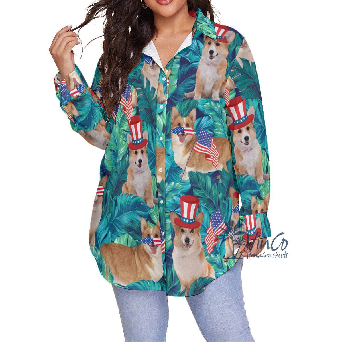 Funny Corgi 4th Of July Women's Hawaiian Plus Size Shirt - variant image 1