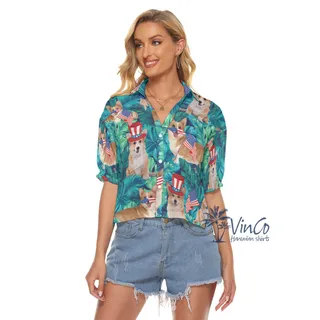 Funny Corgi American Flag Tropical Aloha Crop Top Shirt