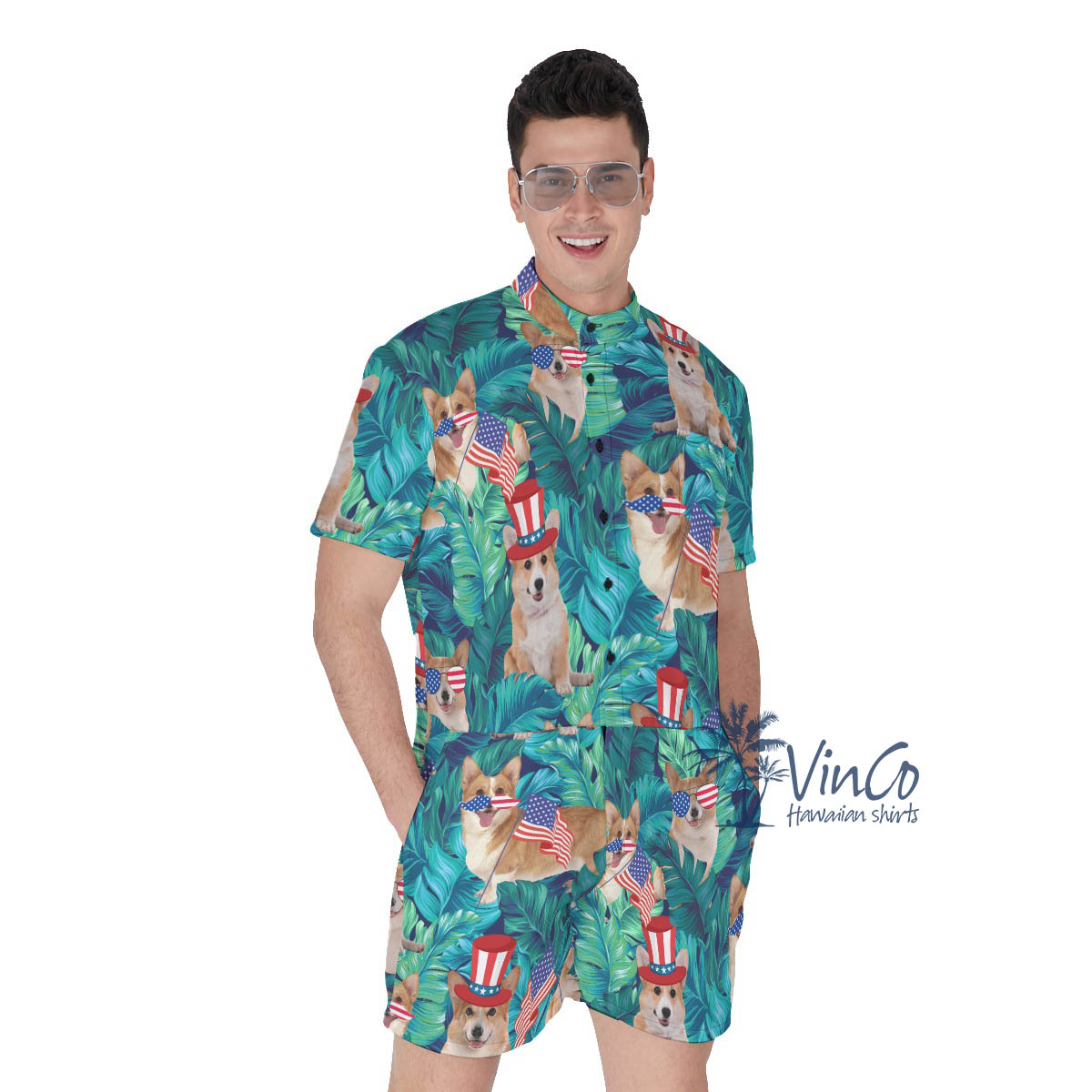 Funny Corgi Tropical Patriotic Men's Hawaiian Romper For Men - variant image 1