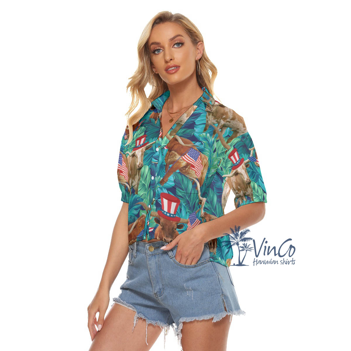 Funny Longhorn Texas With American Hat Aloha Cropped Shirt For Women