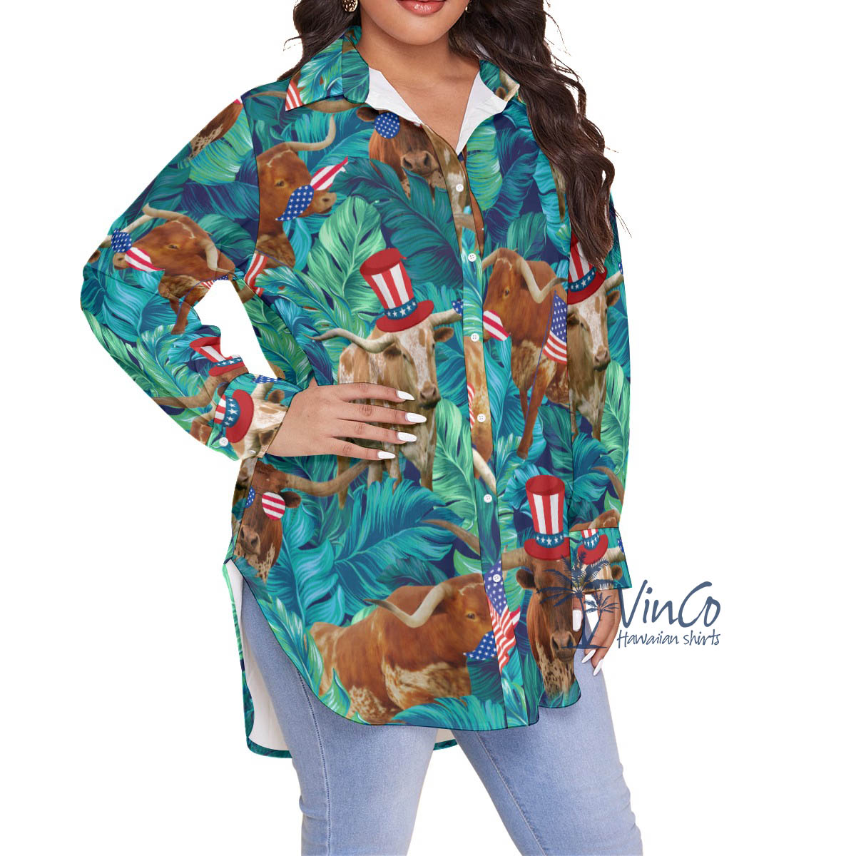 Funny Texas Longhorn Cow American Hat Hawaiian Plus Size Shirt For Women