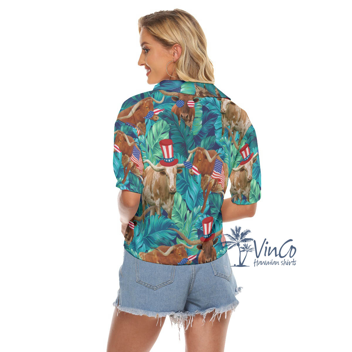 Funny Longhorn Texas With American Hat Aloha Cropped Shirt For Women