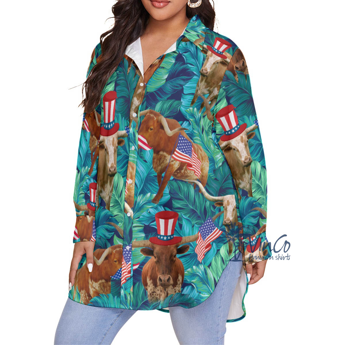 Funny Texas Longhorn Cow American Hat Hawaiian Plus Size Shirt For Women