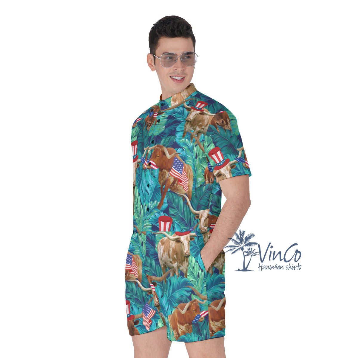 Tropical Longhorn Texas Patriotic Men's Hawaiian Romper