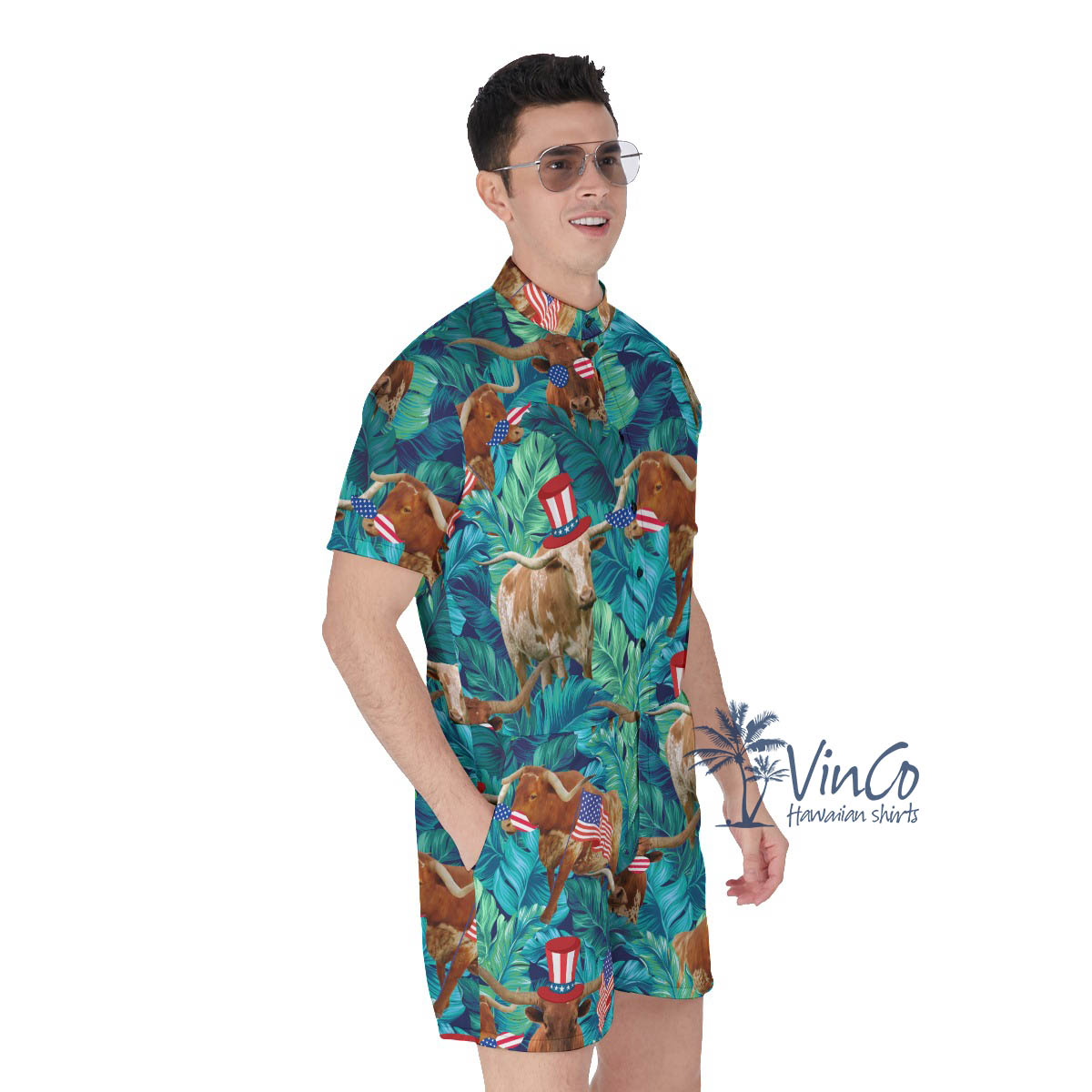 Tropical Longhorn Texas Patriotic Men's Hawaiian Romper