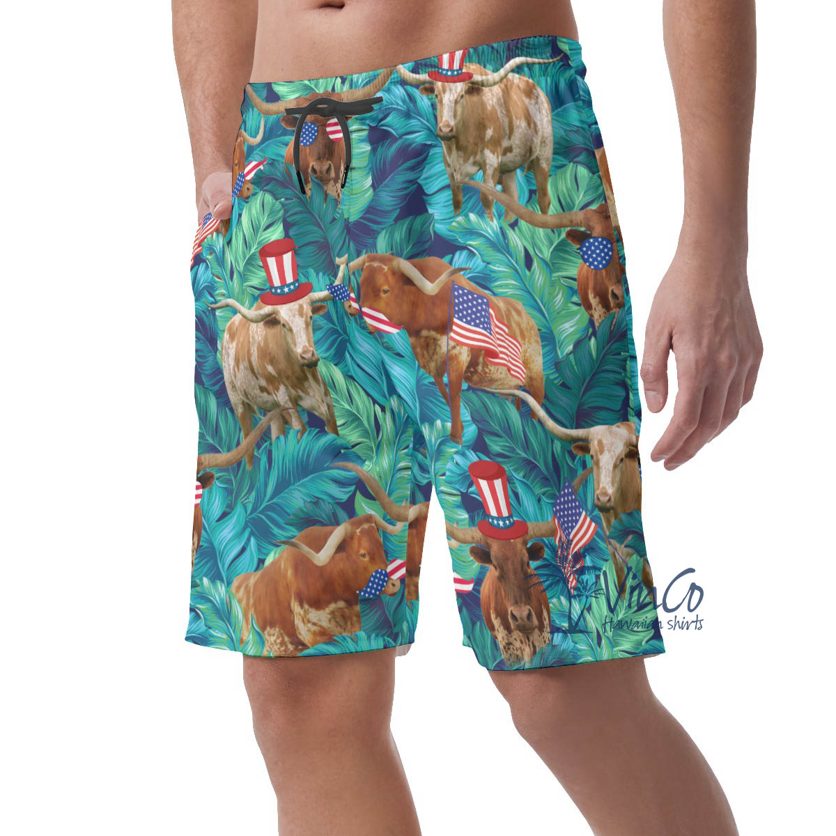 Funny Texas Longhorn American Hat Hawaiian Beach Shorts For Men