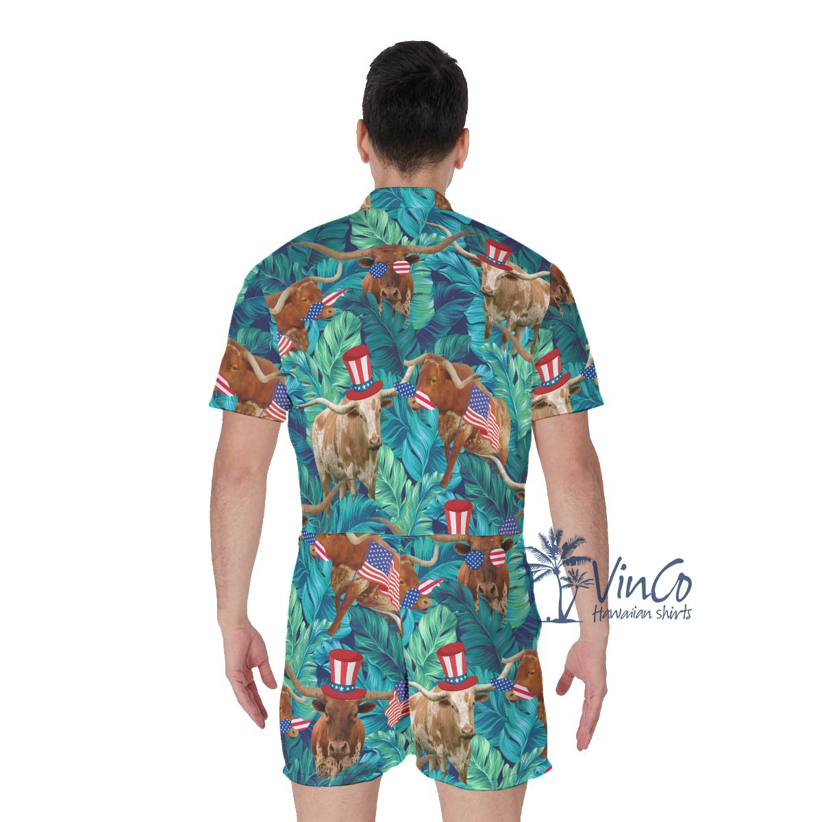 Tropical Longhorn Texas Patriotic Men's Hawaiian Romper