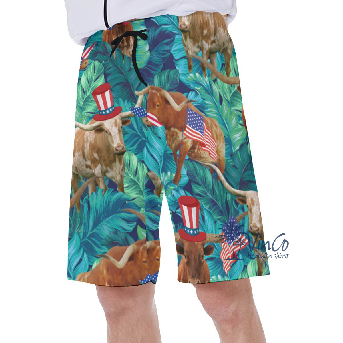 4th Of July Texas Longhorn Tropical Hawaiian Swim Trunks For Men