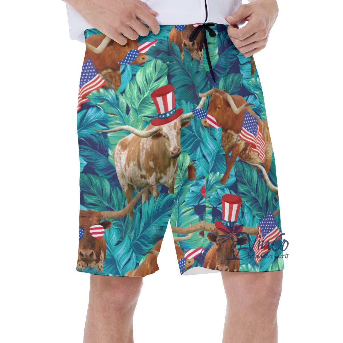 4th Of July Texas Longhorn Tropical Hawaiian Swim Trunks For Men