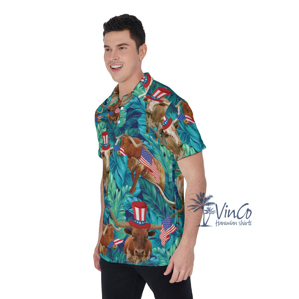 Tropical Longhorn With American Hat Hawaiian Polo Shirt For Men