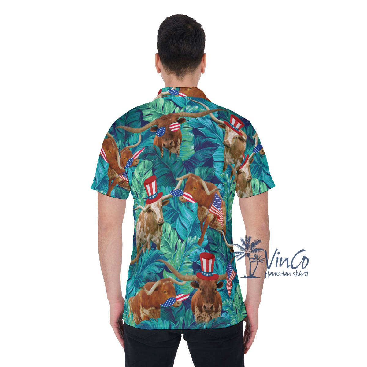 Tropical Longhorn With American Hat Hawaiian Polo Shirt For Men