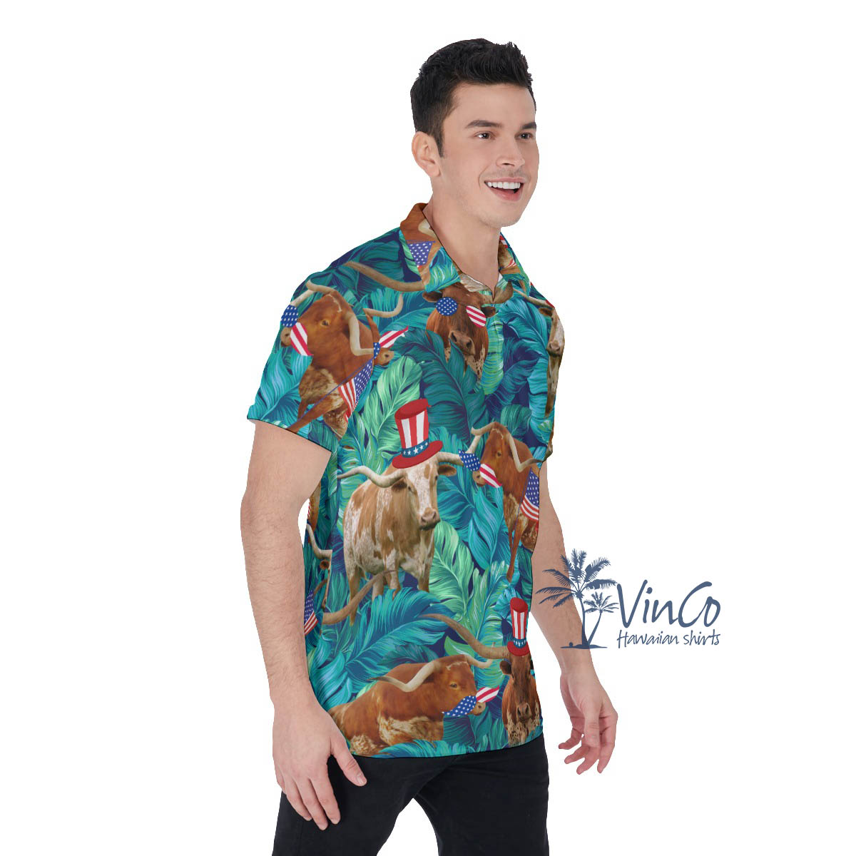 Tropical Longhorn With American Hat Hawaiian Polo Shirt For Men