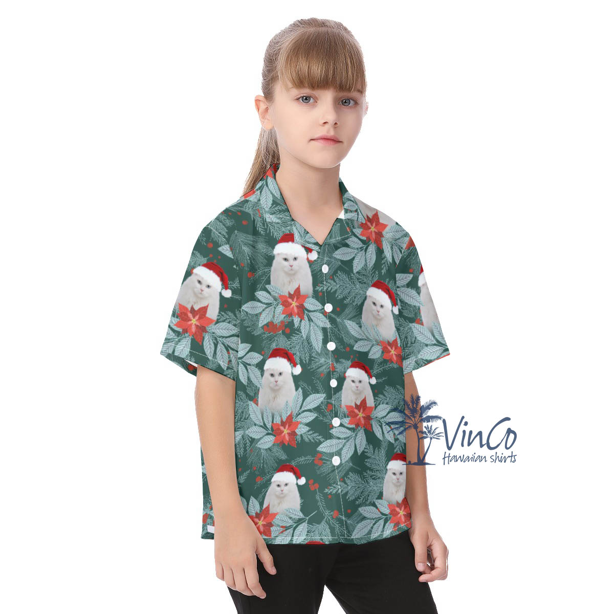 Personalized Cat Photo Christmas Hawaiian Button Shirt For Kids