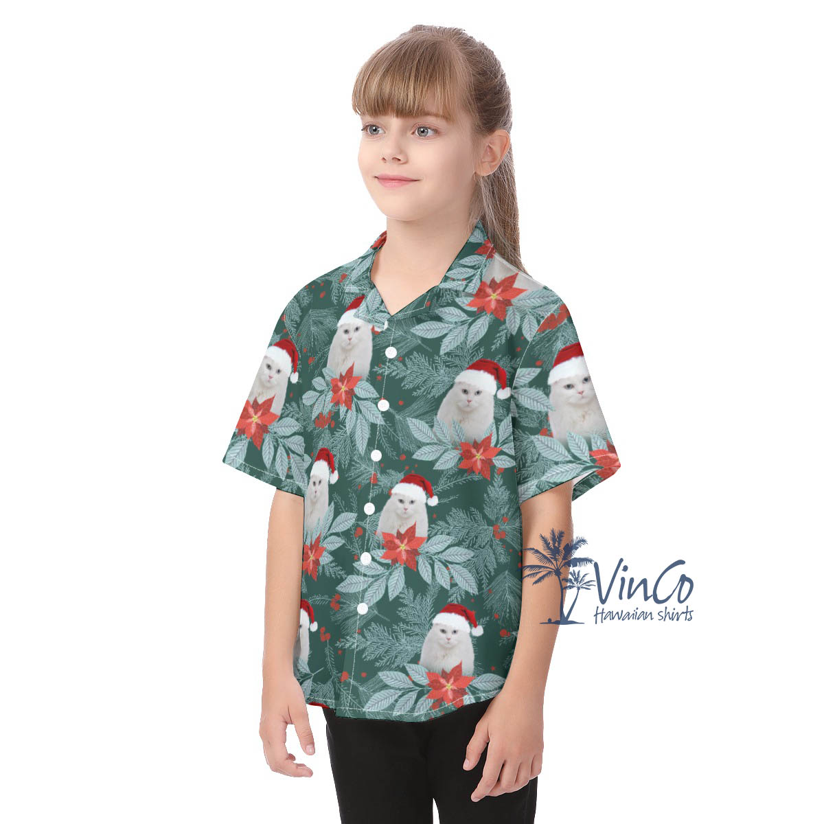 Personalized Cat Photo Christmas Hawaiian Button Shirt For Kids
