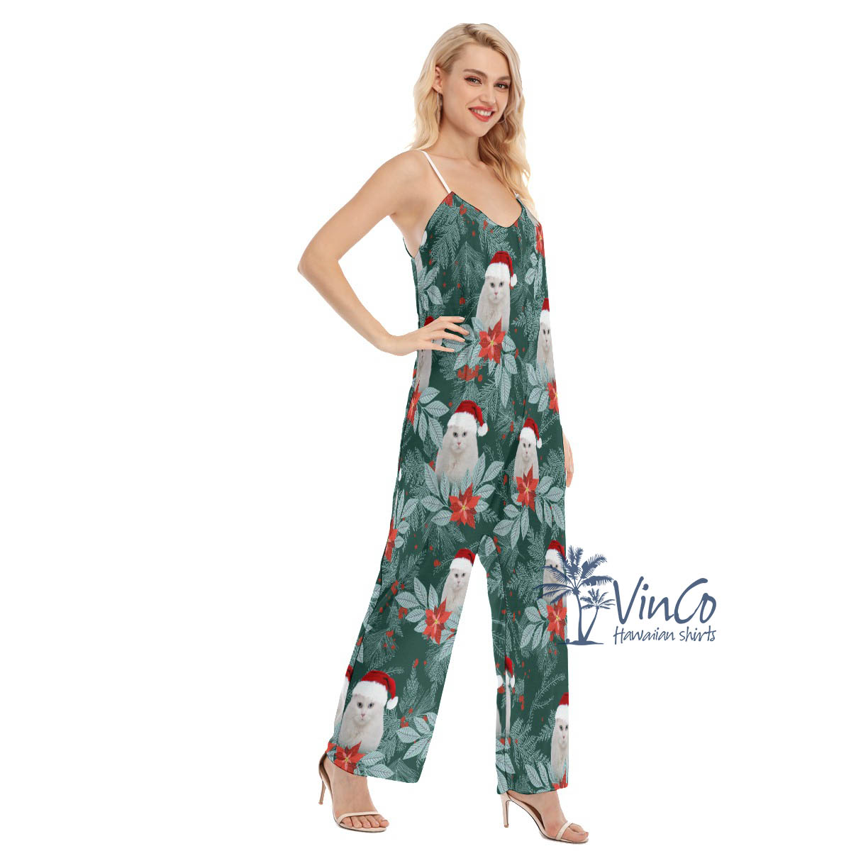 Unique Custom Photo Cat Face Christmas Jumpsuit For Women