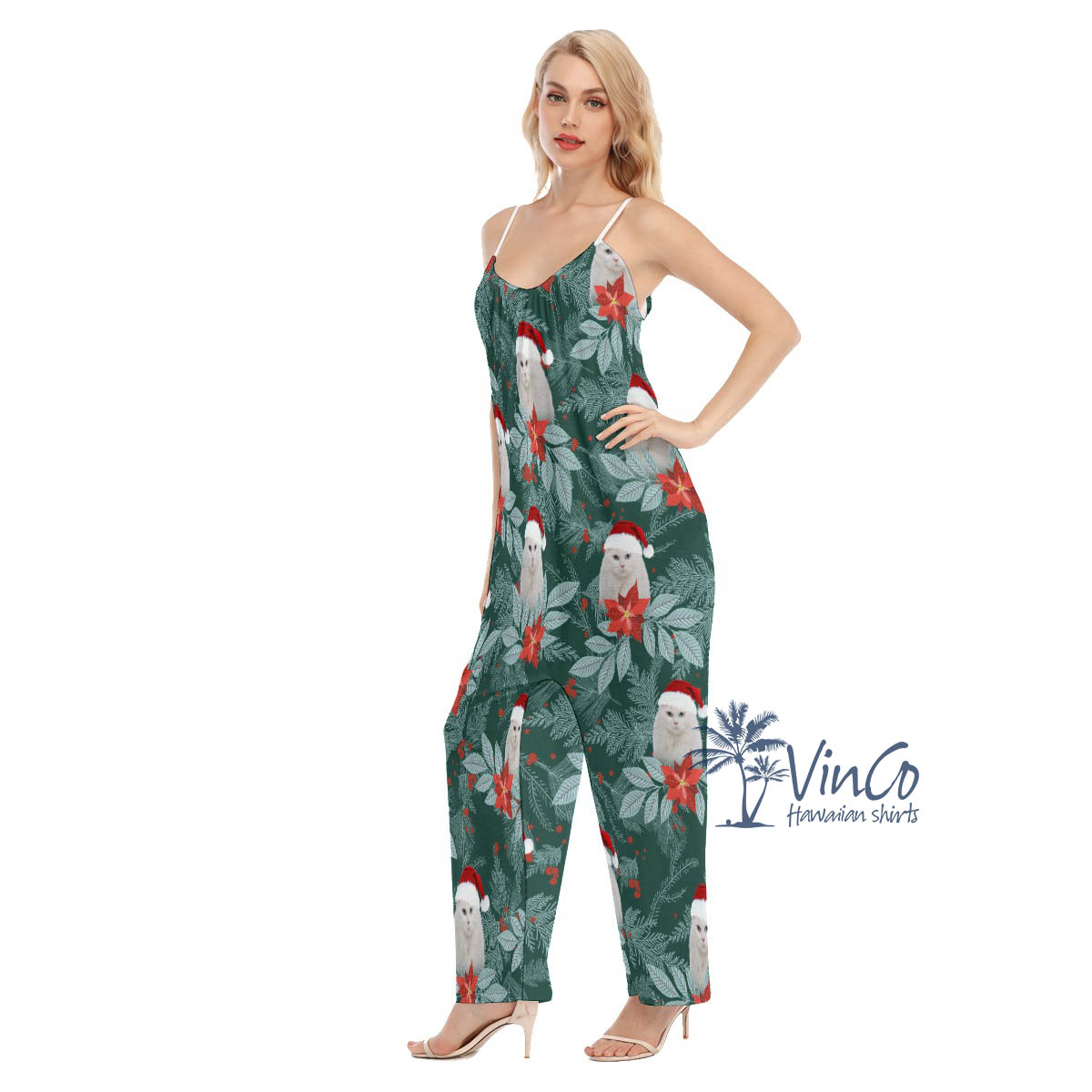 Unique Custom Photo Cat Face Christmas Jumpsuit For Women