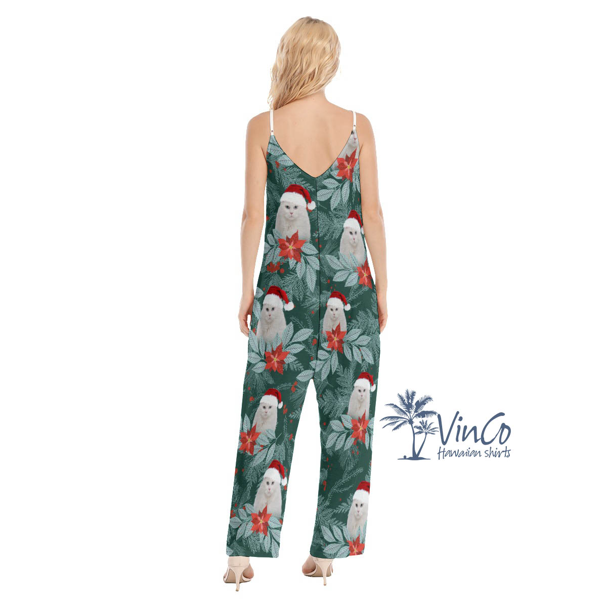 Unique Custom Photo Cat Face Christmas Jumpsuit For Women