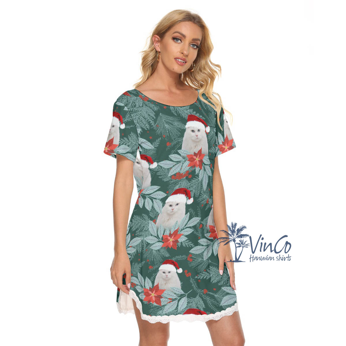 Personalized Pet Photo Christmas Hawaiian Dress With Lace For Women