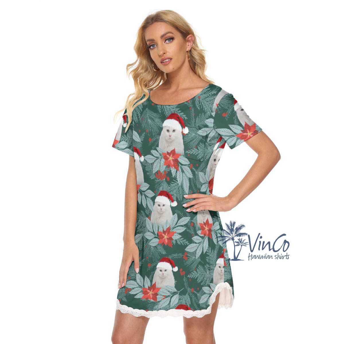 Personalized Pet Photo Christmas Hawaiian Dress With Lace For Women