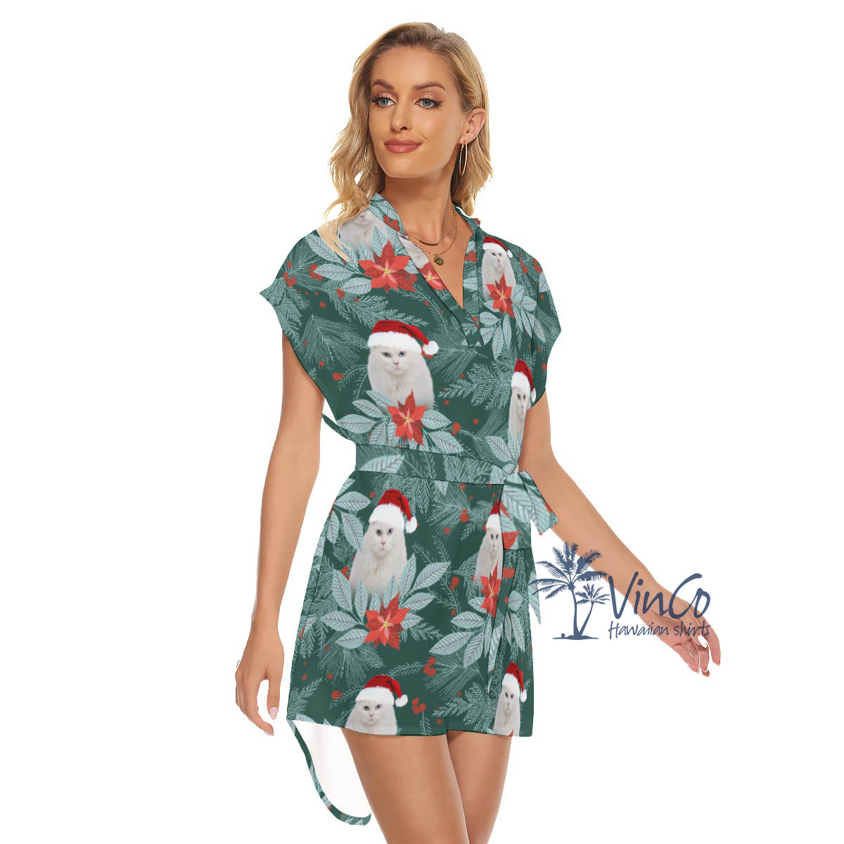 Custom Photo Cat Face Christmas Dress With Tie For Women