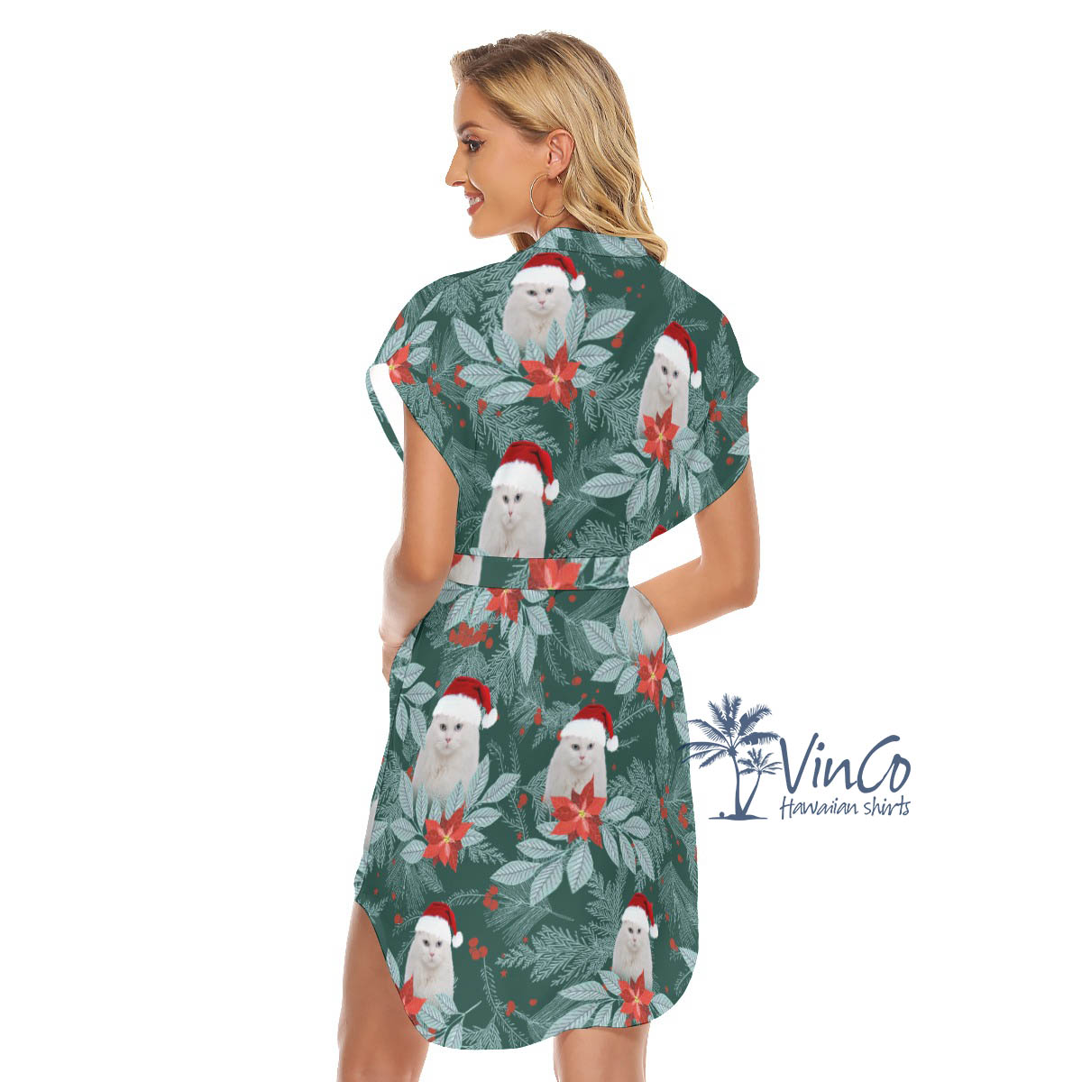 Custom Photo Cat Face Christmas Dress With Tie For Women