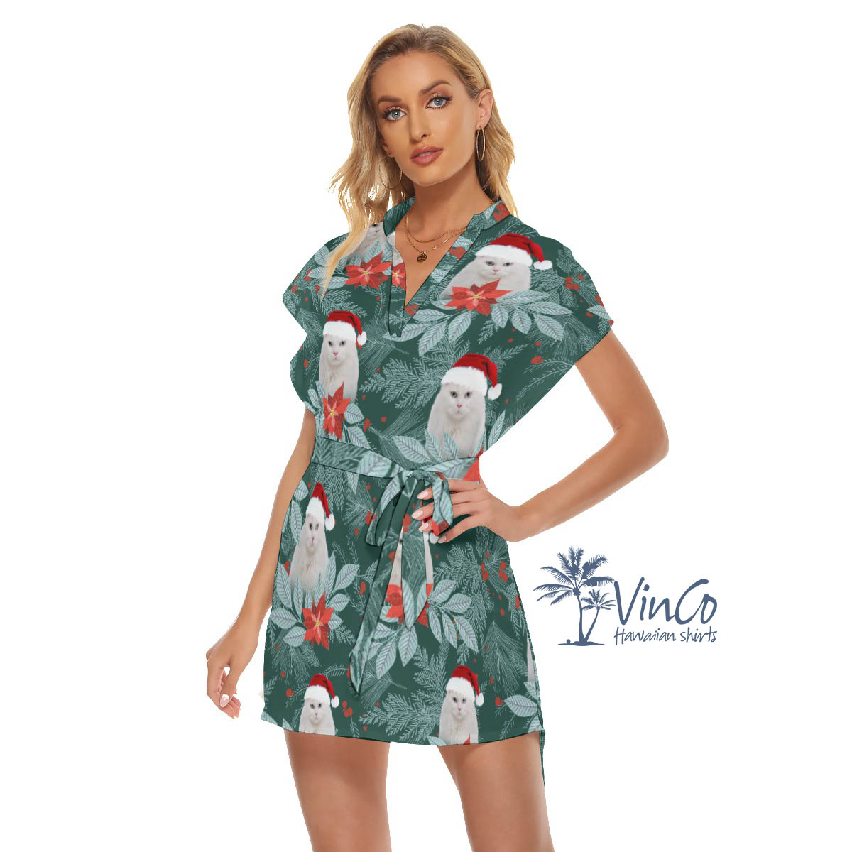 Custom Photo Cat Face Christmas Dress With Tie For Women