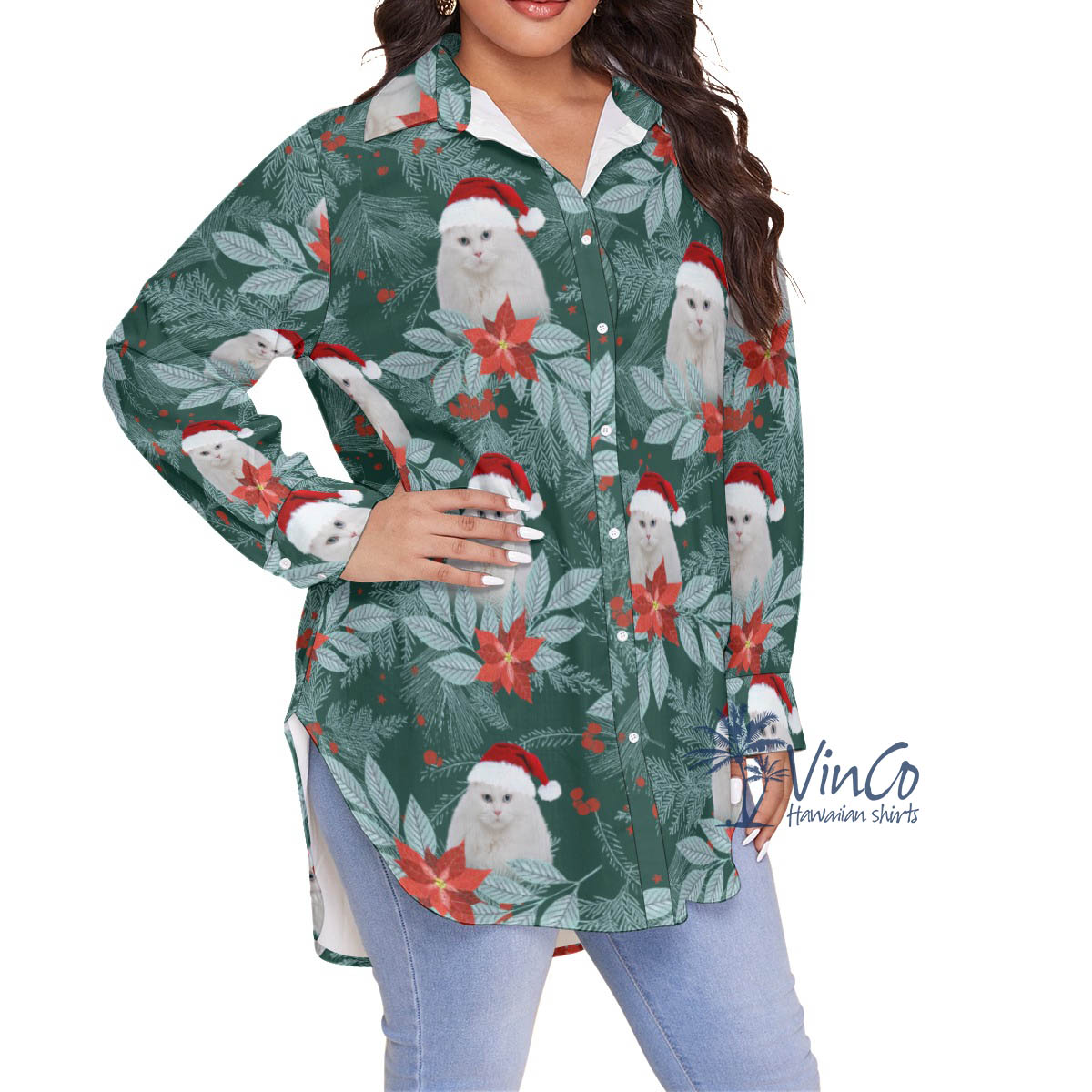 Custom Pet Photo Plus Size Christmas Hawaiian Shirt For Women