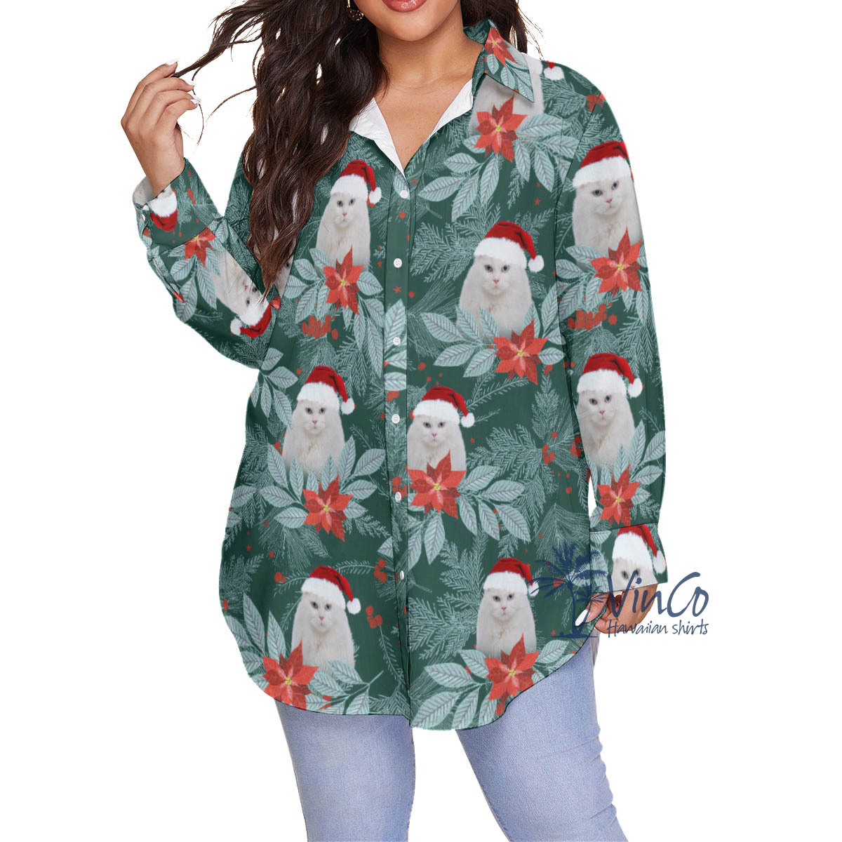 Custom Pet Photo Plus Size Christmas Hawaiian Shirt For Women