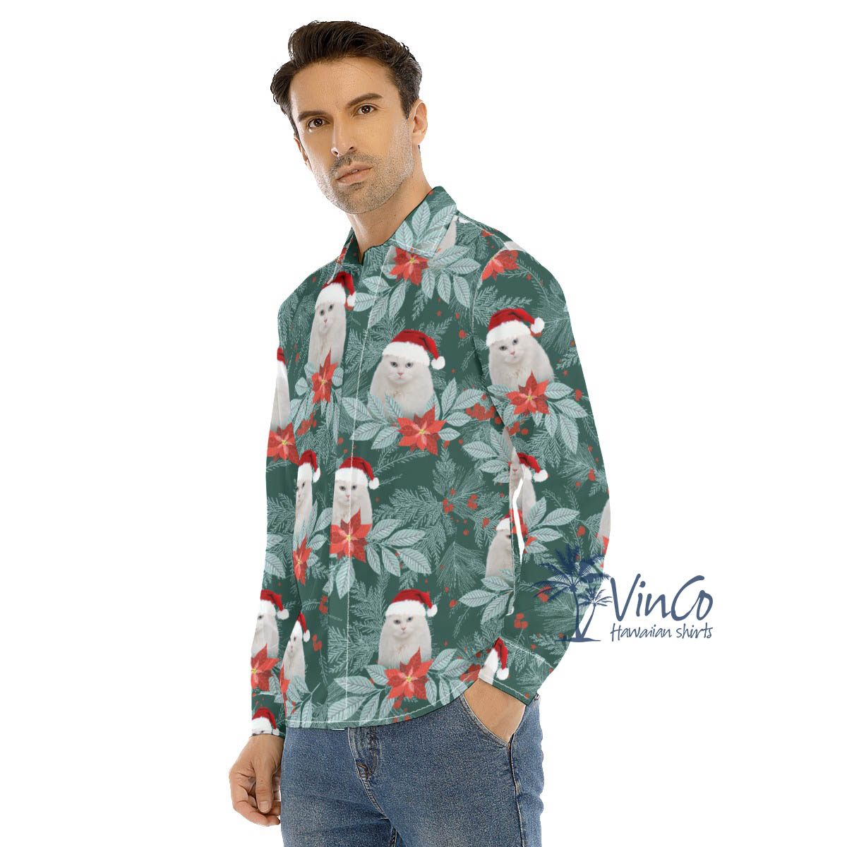 Personalized Pet Christmas Long Sleeve Hawaiian Shirt For Men