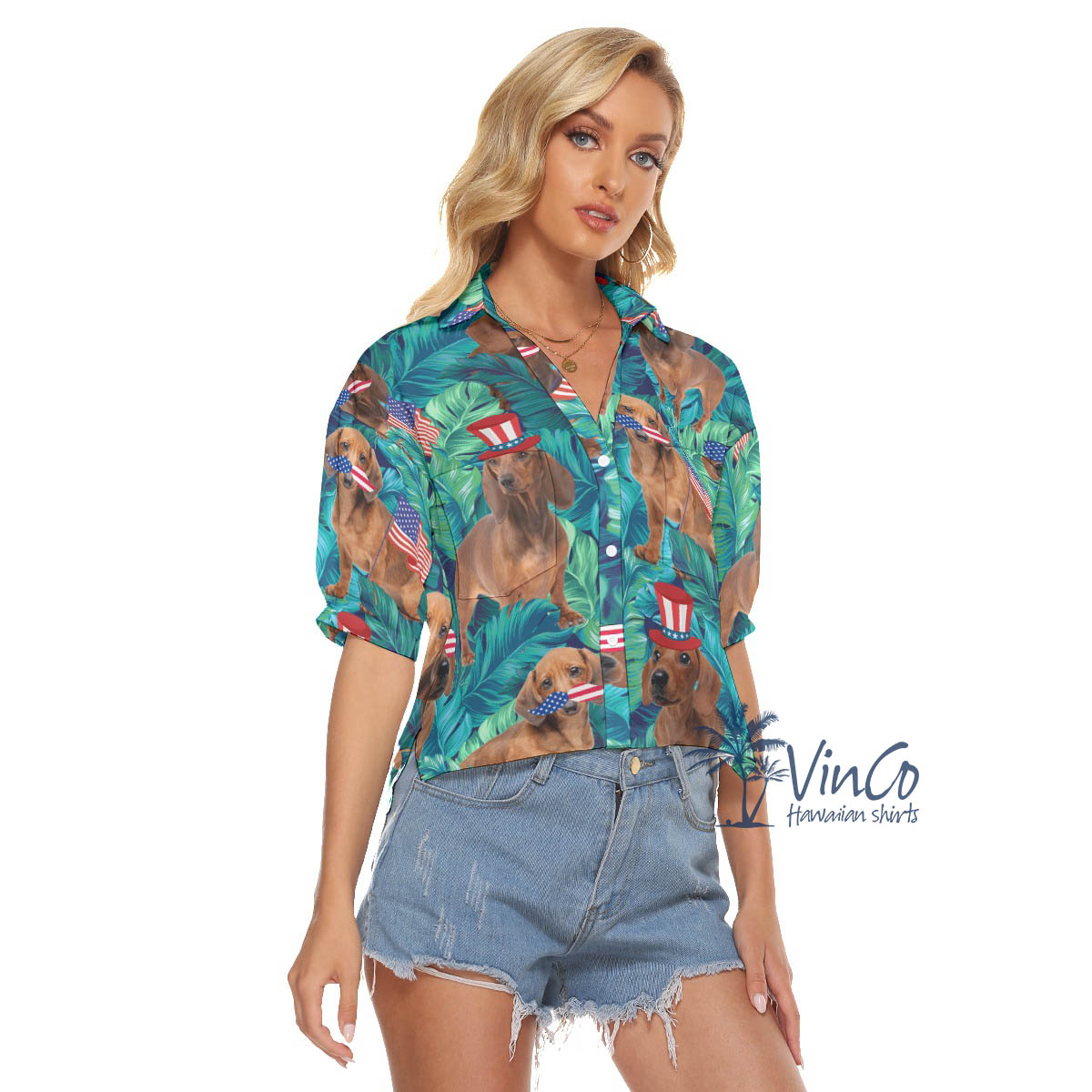 Tropical Dachshund American Flag 4th Of July Hawaiian Cropped Shirt