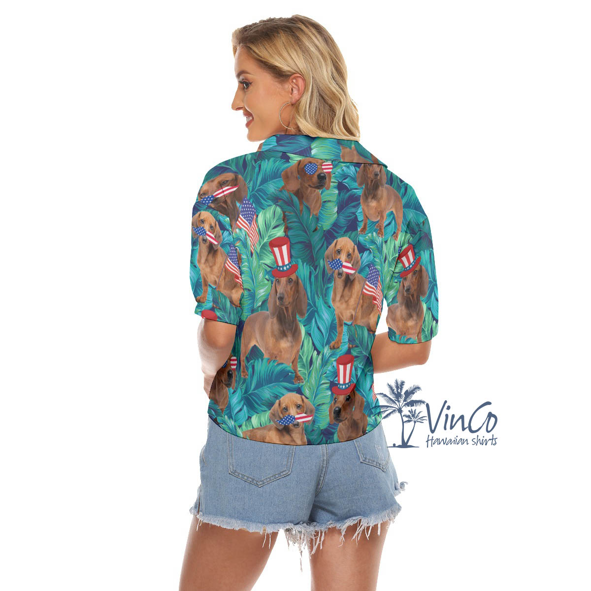 Tropical Dachshund American Flag 4th Of July Hawaiian Cropped Shirt