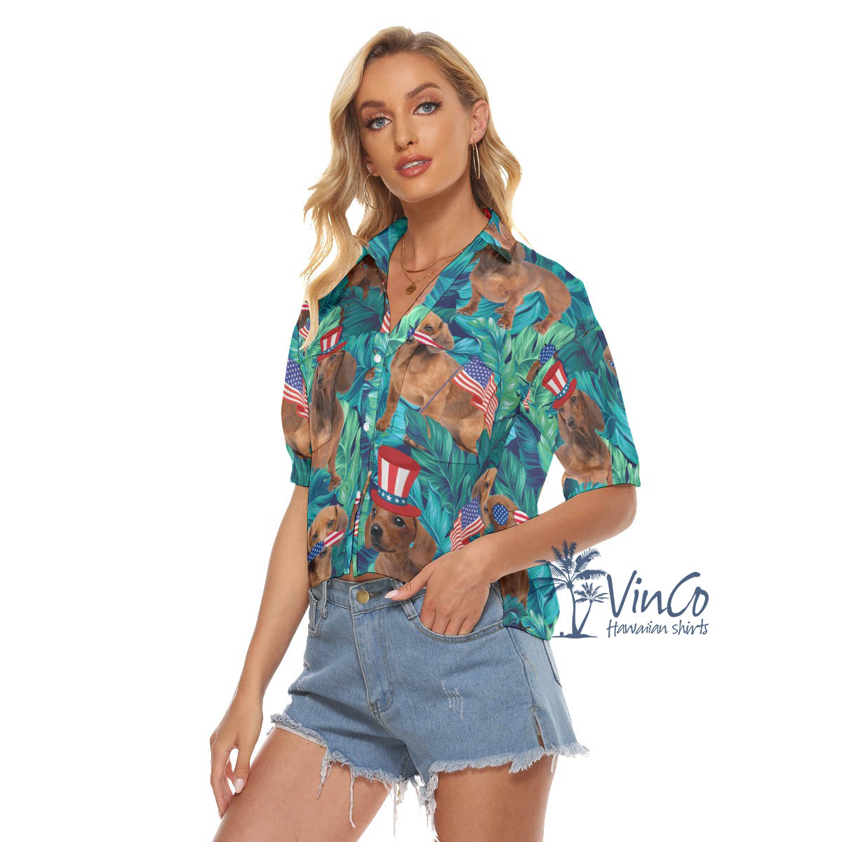 Tropical Dachshund American Flag 4th Of July Hawaiian Cropped Shirt
