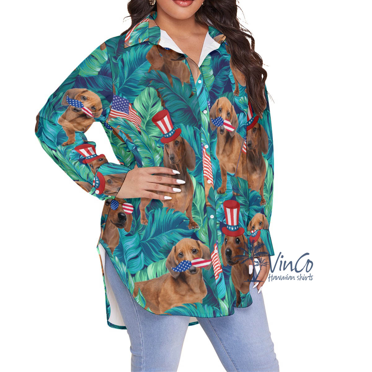 Funny Dachshund With American Hat Tropical Hawaiian Oversize Shirt