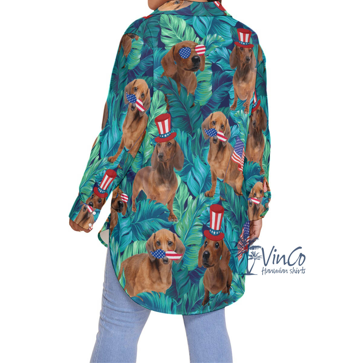 Funny Dachshund With American Hat Tropical Hawaiian Oversize Shirt