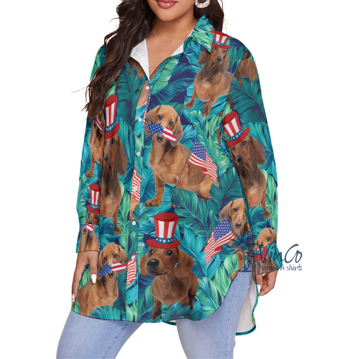 Funny Dachshund With American Hat Tropical Hawaiian Oversize Shirt