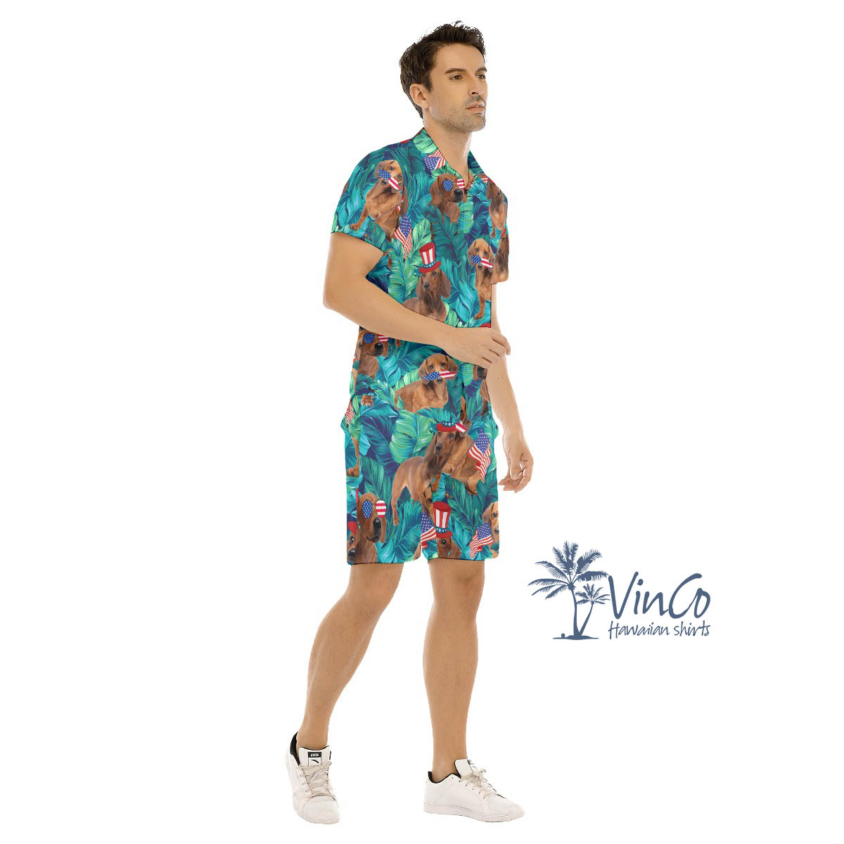 Set Dachshund Patriotic Tropical Hawaiian Shirt And Matching Shorts For Men