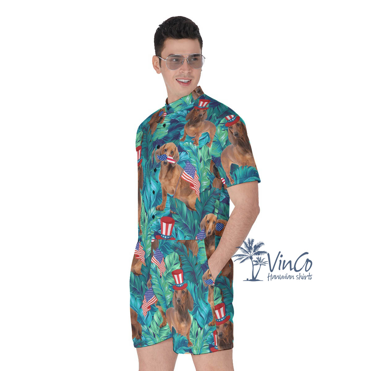 Funny Dachshund American Flag Patriotic Men's Hawaiian Romper