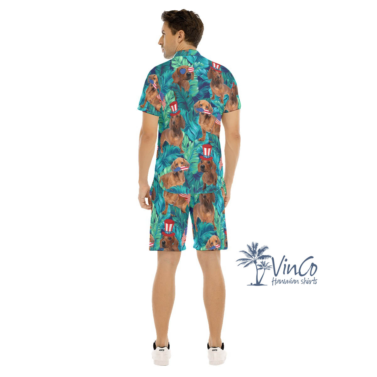 Set Dachshund Patriotic Tropical Hawaiian Shirt And Matching Shorts For Men
