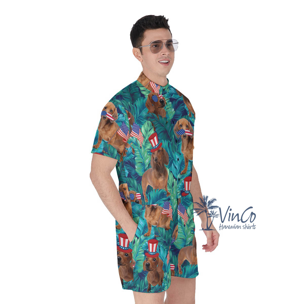 Funny Dachshund American Flag Patriotic Men's Hawaiian Romper
