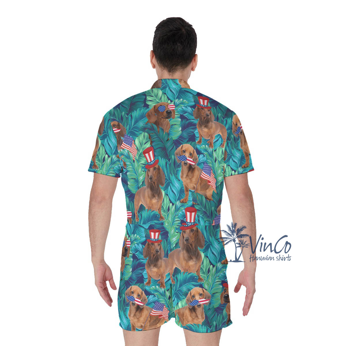 Funny Dachshund American Flag Patriotic Men's Hawaiian Romper