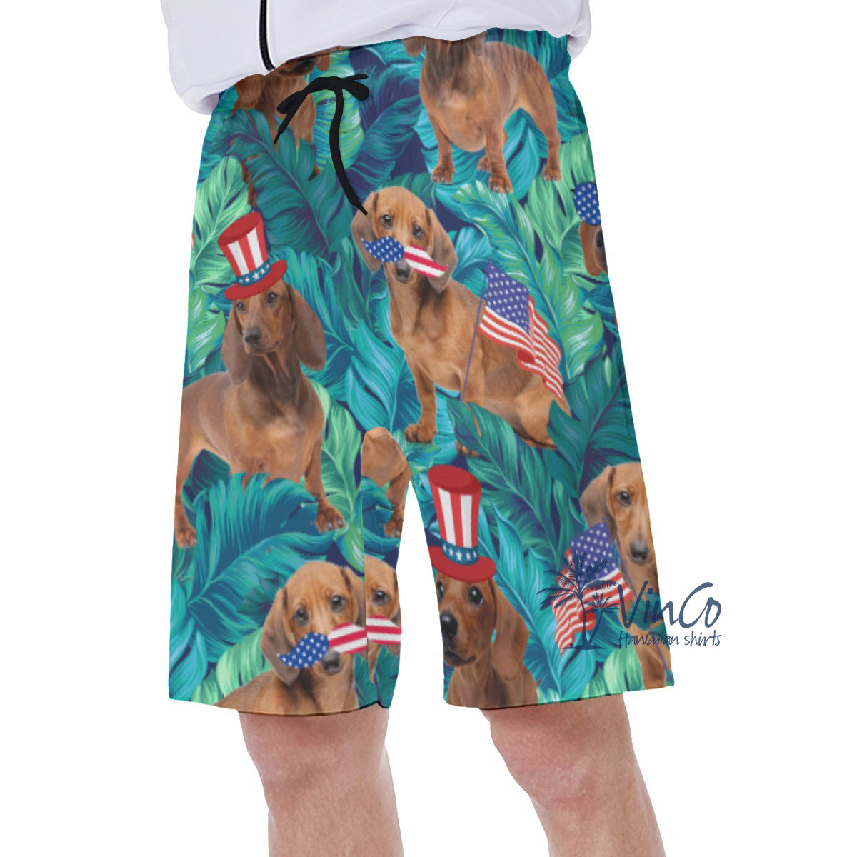 Tropical Dachshund With American Hat Hawaiian Swim Trunks For Men