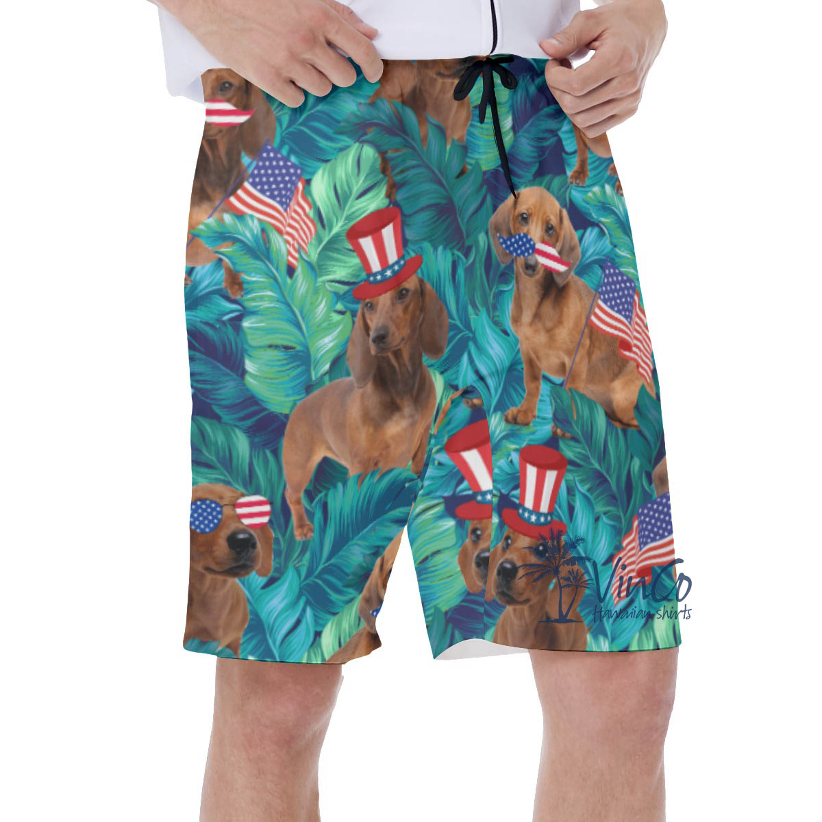 Tropical Dachshund With American Hat Hawaiian Swim Trunks For Men