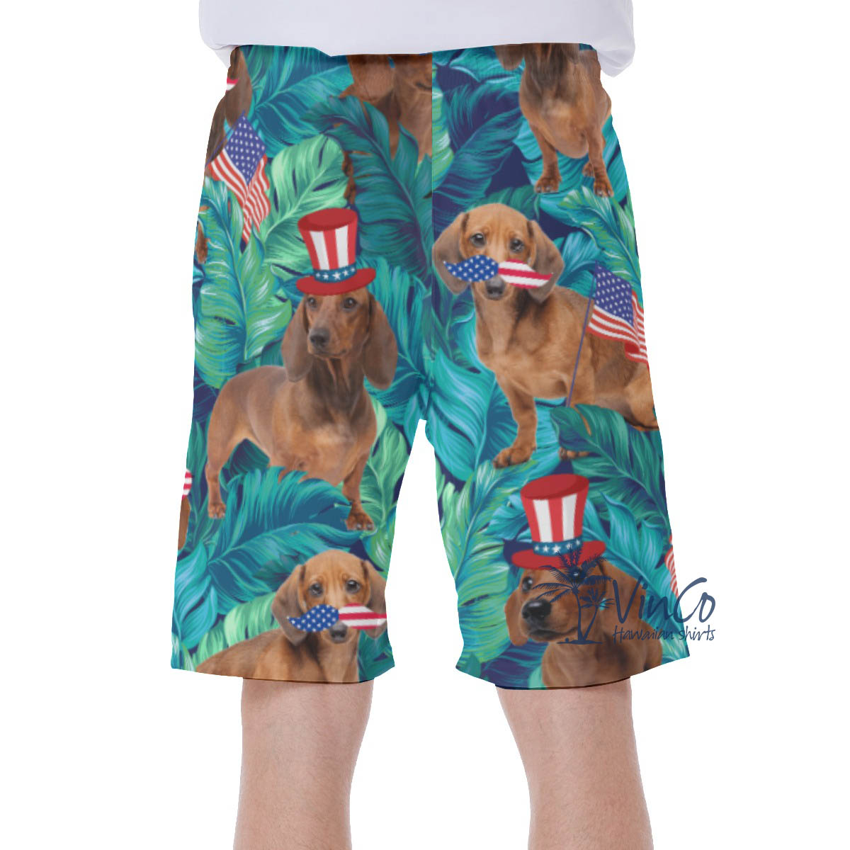 Tropical Dachshund With American Hat Hawaiian Swim Trunks For Men