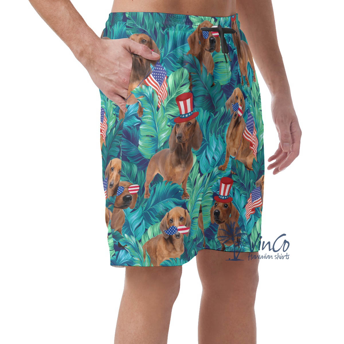 Tropical Dachshund With American Hat Patriotic Hawaiian Beach Shorts For Men