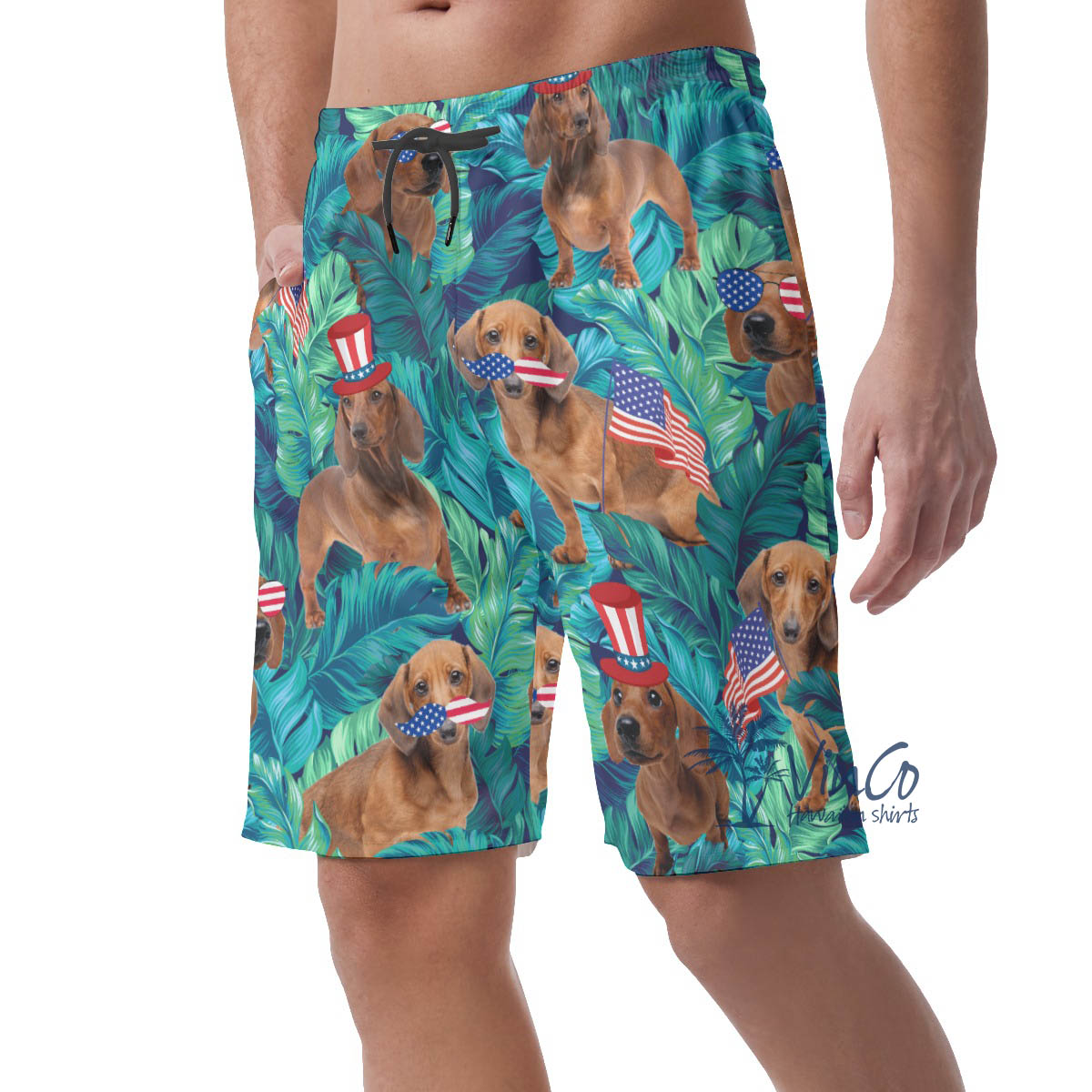Tropical Dachshund With American Hat Patriotic Hawaiian Beach Shorts For Men