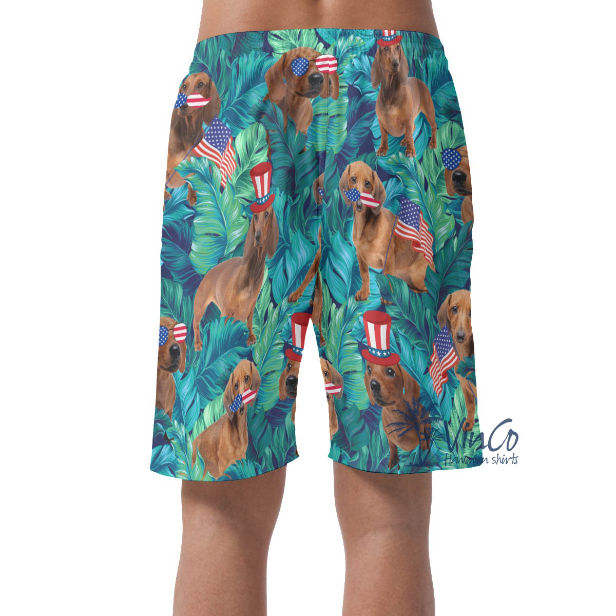 Tropical Dachshund With American Hat Patriotic Hawaiian Beach Shorts For Men