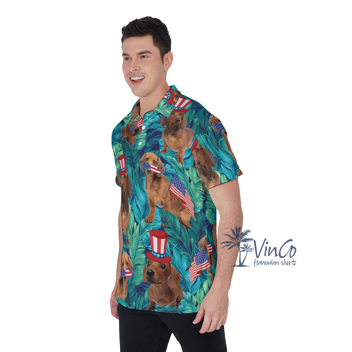 Funny Dachshund With American Hat Hawaiian Polo Shirt For Men
