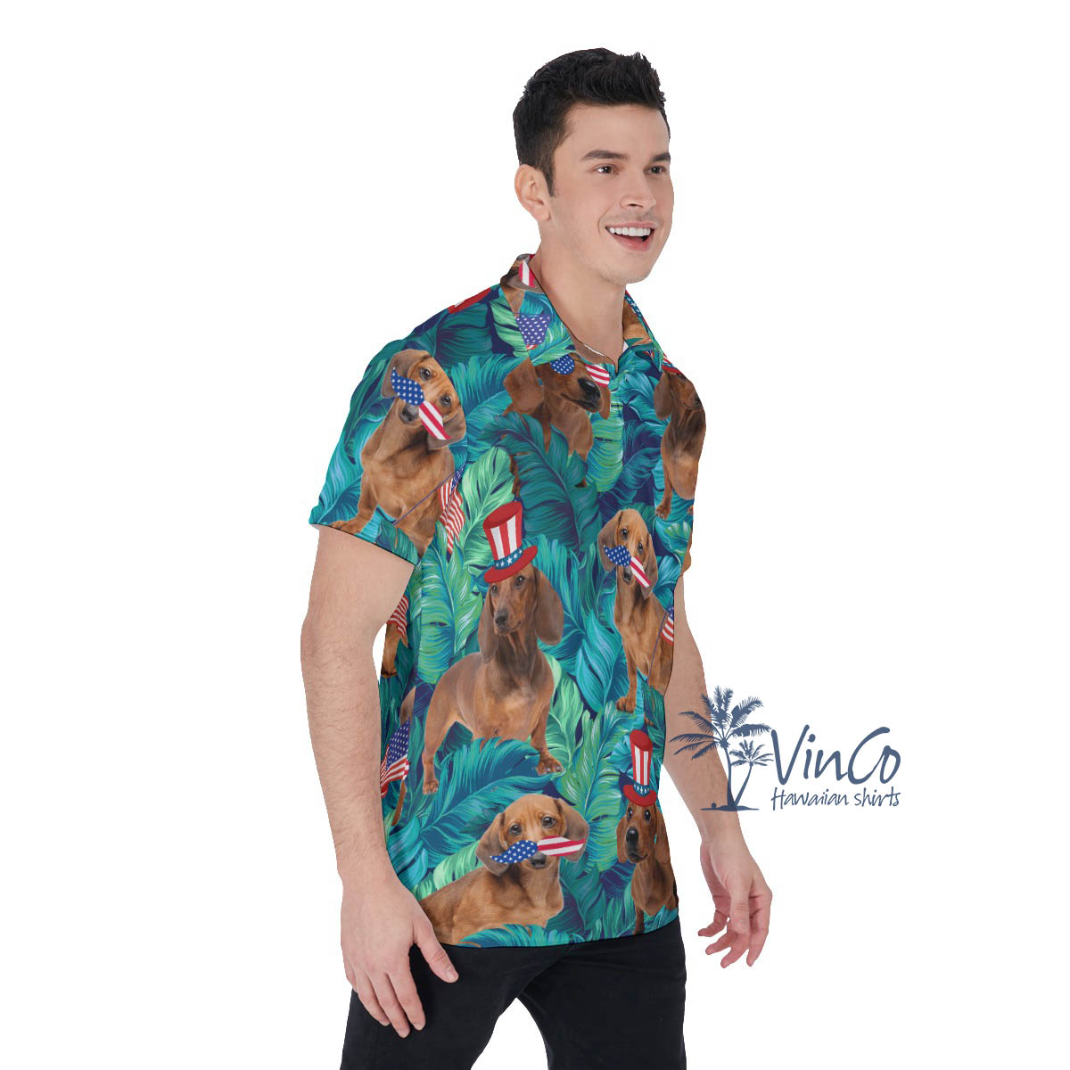 Funny Dachshund With American Hat Hawaiian Polo Shirt For Men