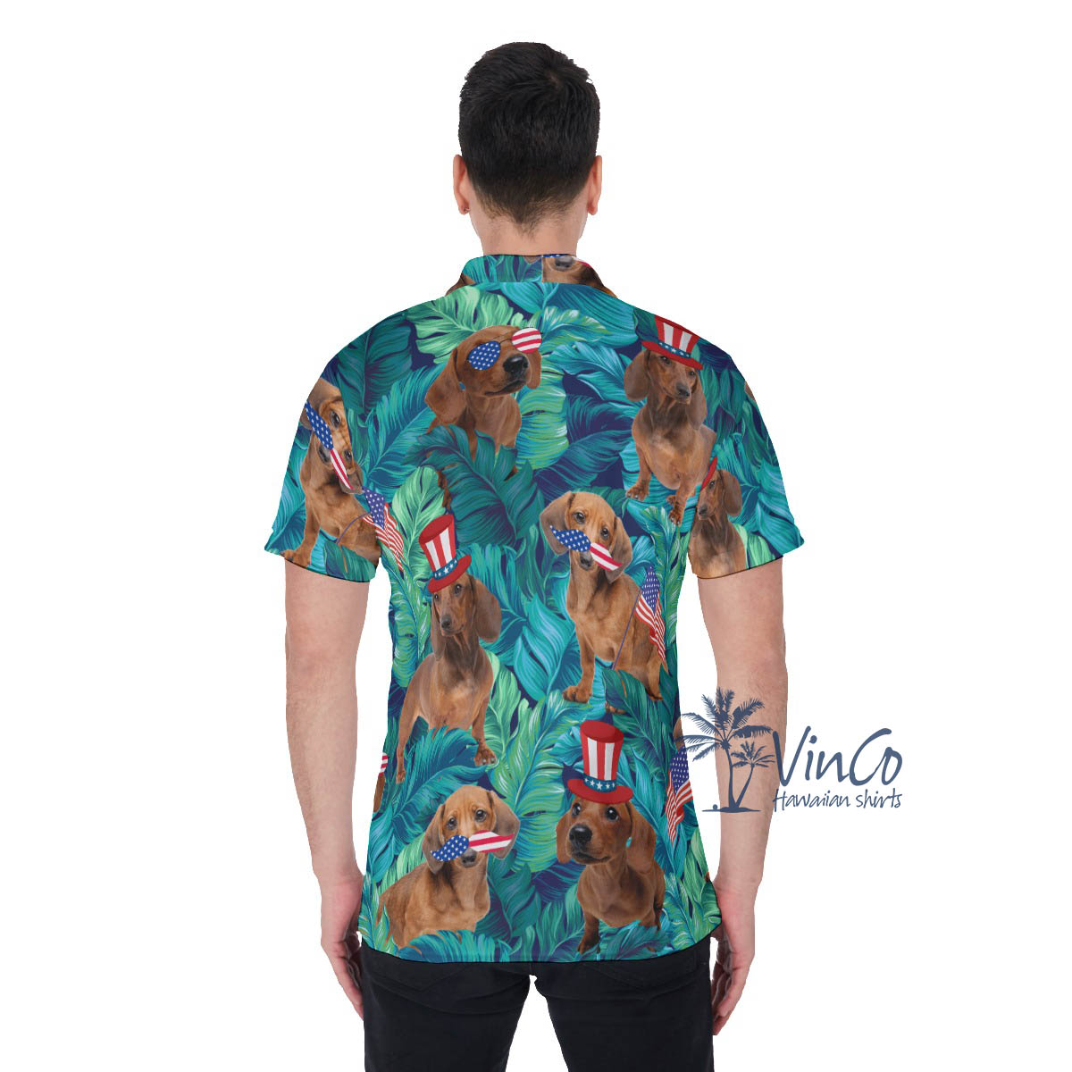 Funny Dachshund With American Hat Hawaiian Polo Shirt For Men